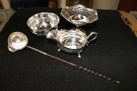 Silver bowl, silver sauceboat, pedestal dish and toddy ladle